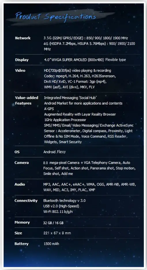 Samsung Flexi Concept Specs